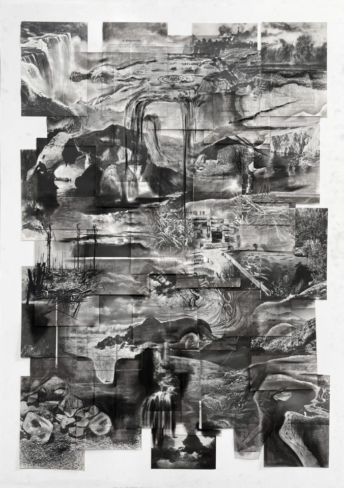 Mauro Giaconi, La abnegación ó hacia la superficie, 2022,
Dessin sur des pages d’encyclopédies, 120 x 80 cm, courtesy Bendana-Pinel l Art Contemporain