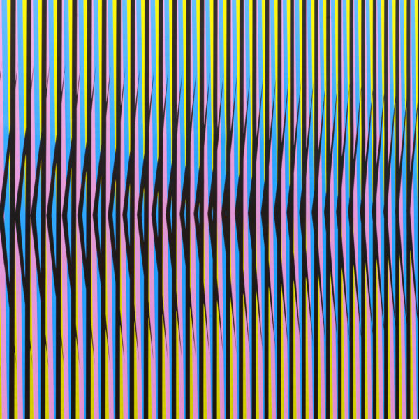Carlos Cruz-Diez, Induction Chromatique à Double fréquence Phillips 1 (detail), 2018, chromography on plastic, 275 x 960 cm. Photo: © Carlos Cruz-Diez 