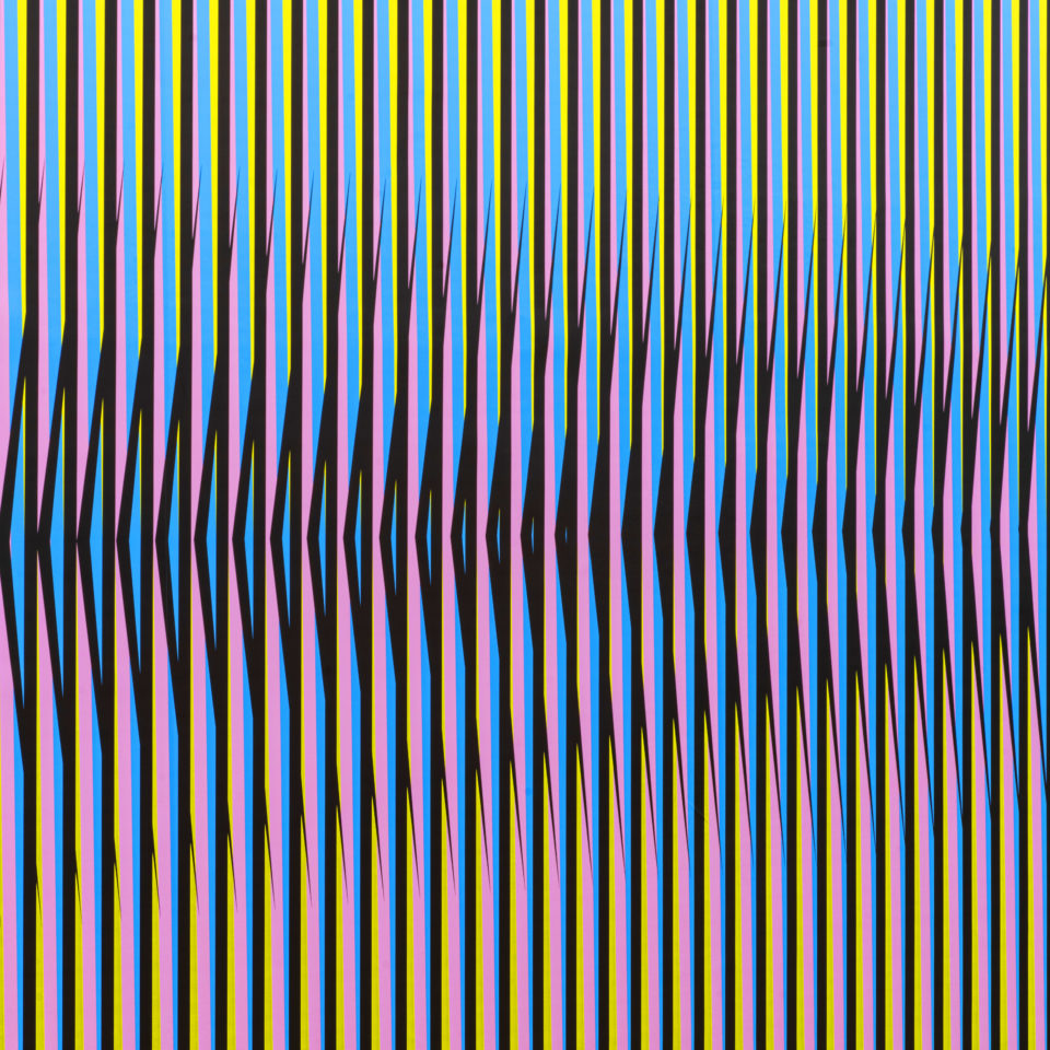 Carlos Cruz-Diez, Induction Chromatique à Double fréquence Phillips 1 (detail), 2018, chromography on plastic, 275 x 960 cm. Photo: © Carlos Cruz-Diez 