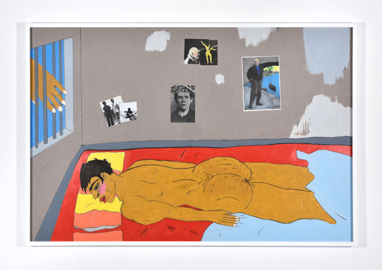Soufiane Ababri, Bed work / (The story didn’t stop at Jack’s hotel), 2023, Color pencil and photo collage on paper, 82 x 122 cm (framed), 32 1/4 x 48 in (SA23D3)