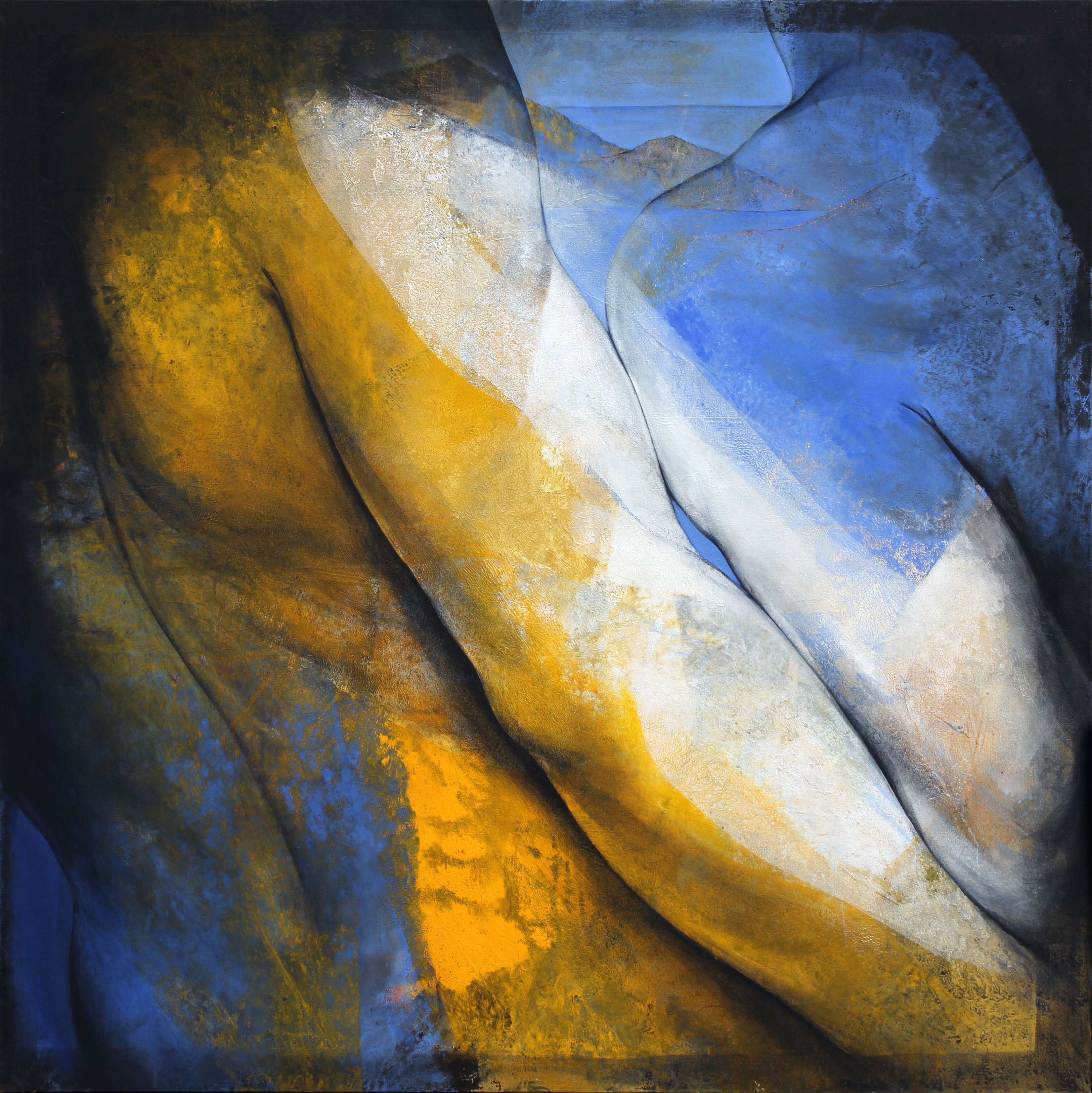 Etienne GROS, l'Approche en bleu,  acrylique sur toile, 180 x 180 cm, 2022, Courtesy Galerie Insula, Paris