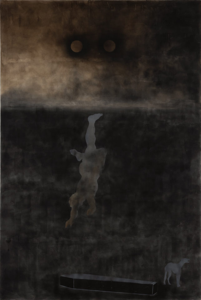 Raphaëlle BERTRAN, La Chute, 2020 (Huile sur toile et peinture aérosol, 300 x 200 cm)