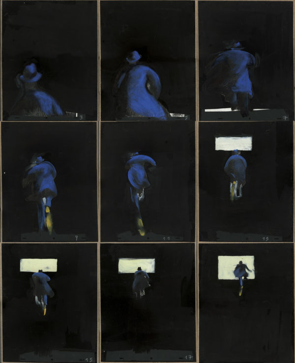 Gianluigi Toccafondo, dessins découpés sur papier peints à l’acrylique rehaussés aux crayons, stylos et à l’encre, issues d'une une séquence du film de Gianluigi Toccafondo Le Criminel, 1993