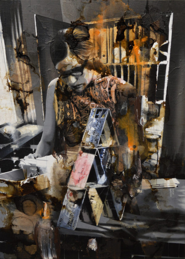 Michal Mraz, House of Cards, Oil, acrylic and asphalt on canvas, 70 x 50 cm, 25.5 x 19.5 in, 2024