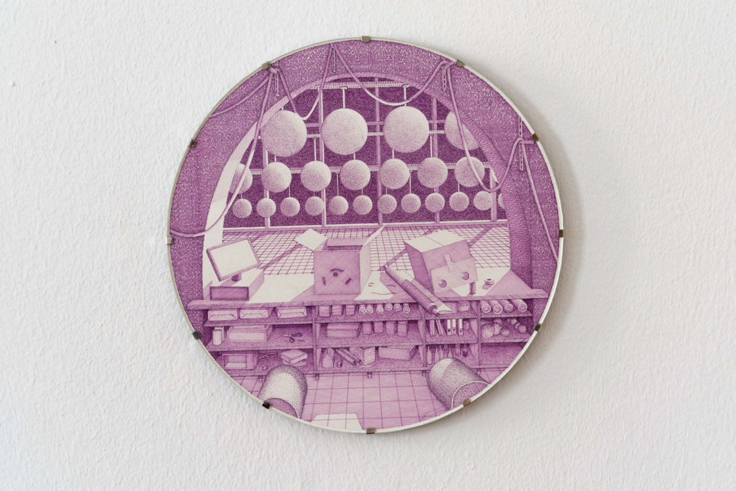 Wolfgang Matuschek, Untitled (Boxes 1), 2023
Ink on paper in aluminum uv glass clipframe, 25 cm (diameter)
Courtesy of the artist and Crèvecoeur, Paris.