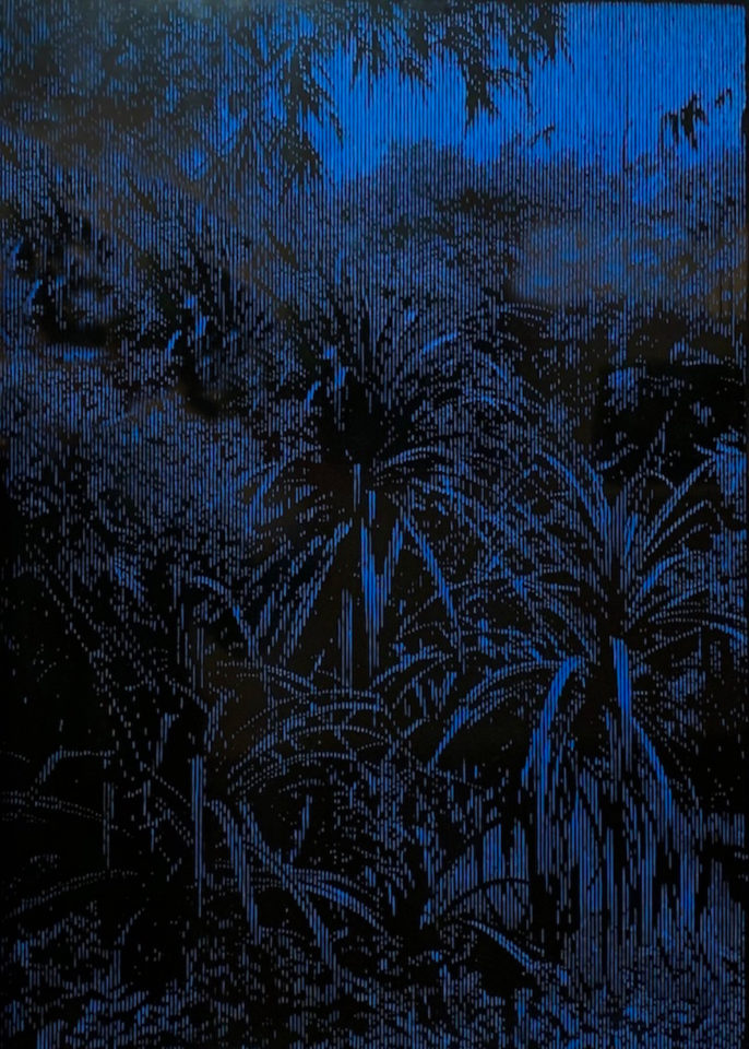 Thomas Andréa Barbey, Forêt tropicale, 2023, Laque gravée sur bois et peinture à l'huile, 70 x 50cm.