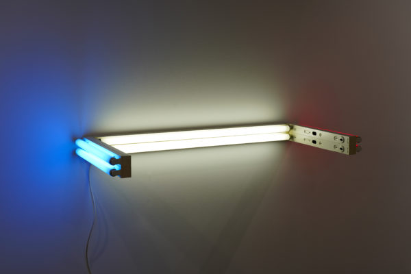 Untitled, version II, 1989 Red, blue, cool white fluorescent light
Ed. of 5
4 tubes 2 inch / 61 cm (length)
