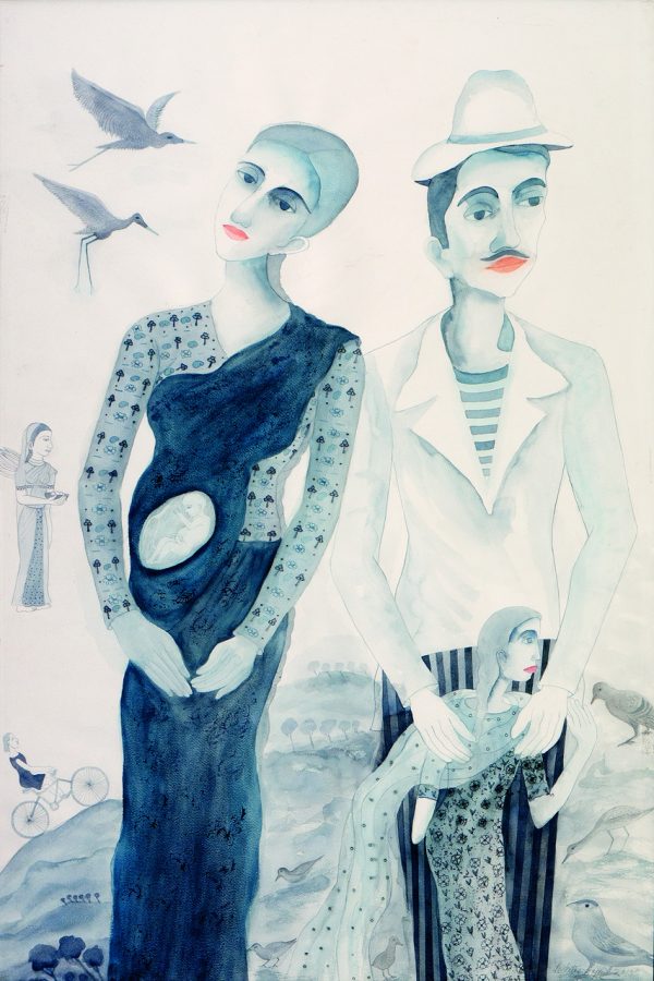 Lalitha Lajmi. Performer and Child, 2015. Watercolor on paper, 21 x 14 inches. Courtesy of the Estate of Lalitha Lajmi and Gallery Art & Soul, Mumbai.
