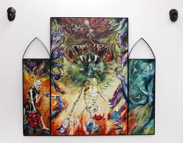 Joris Van de Moortel
music enjoys direct access to the soul, has an immediate echo of response since we have music within ourselves, 2025, Huile sur lin et cadre en acier de l’artiste avec deux sculptures de tête faites en résine acrylique et patine effet bronze (une avec le nez droit et une avec le nez cassé), © Courtesy of the artist and Galerie Nathalie Obadia Paris/Brussels