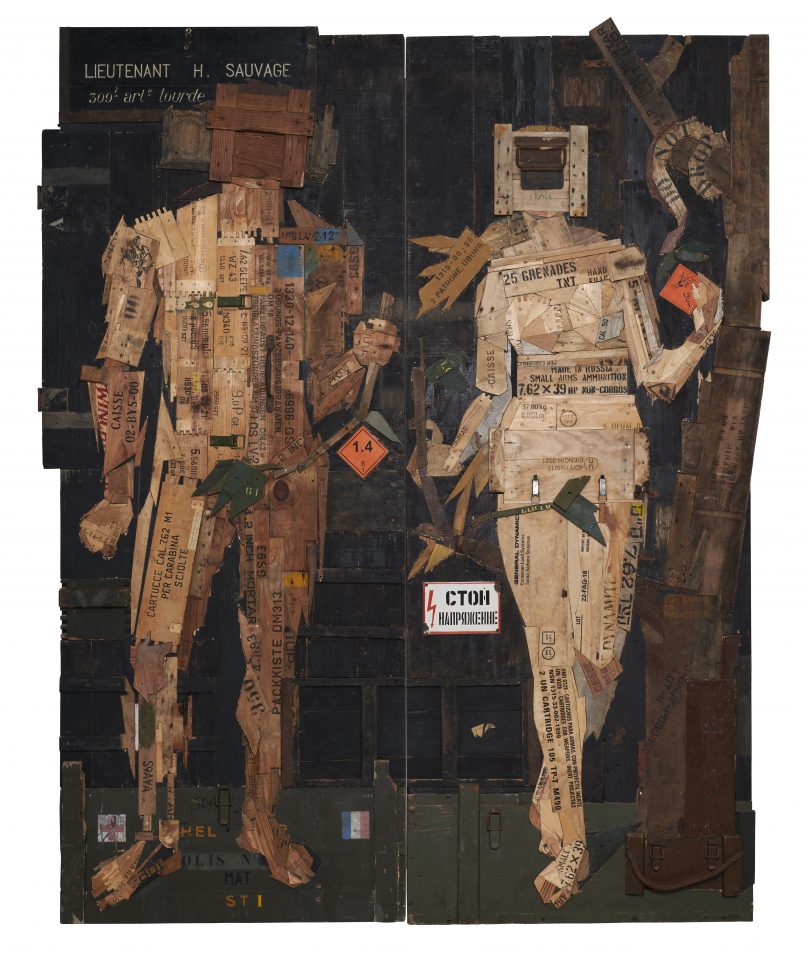 Adam et Eve, 2020-2021, bois, caisses de munitions, diptyque : 242 x 99 x 12 cm / 244 x 100 x 10,5 cm. 