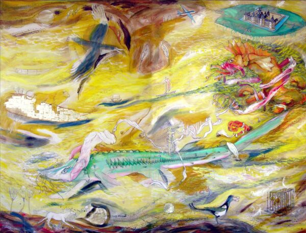 Légende : Christophe TISSOT - Fleuve Mémoire 10 - L’Ile d’or - Huile sur papier - Dim: 2,10 m x 2,80 m