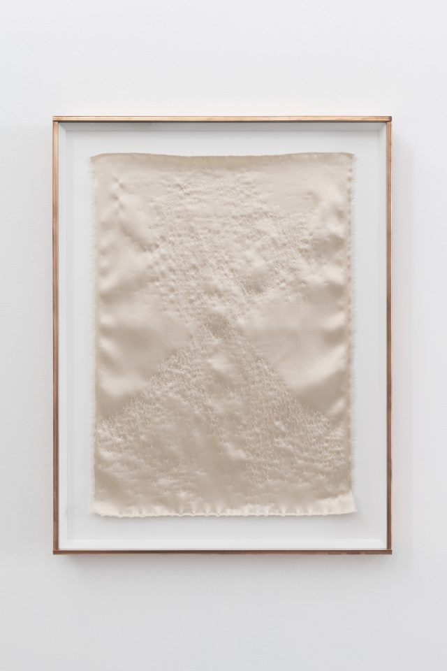 Sophie Whettnall, Invisible landscape, 2025, soie perforée, cadre cuivre, 51,5 x 40 x 3,5 cm, Photo © Isabelle Arthuis, Courtesy of the artist and Michel Rein, Paris/Brussels