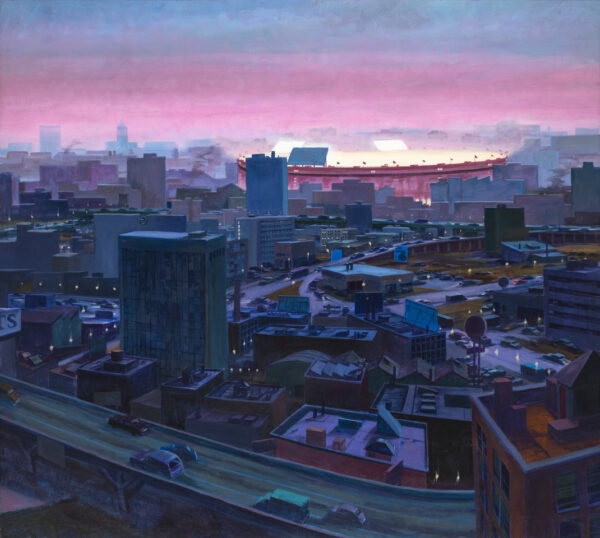 ROBERT BIRMELIN, 
The stadium alight blue city, acrylic on canvas,183 x 198 cm. Courtesy Galerie Claude Bernard