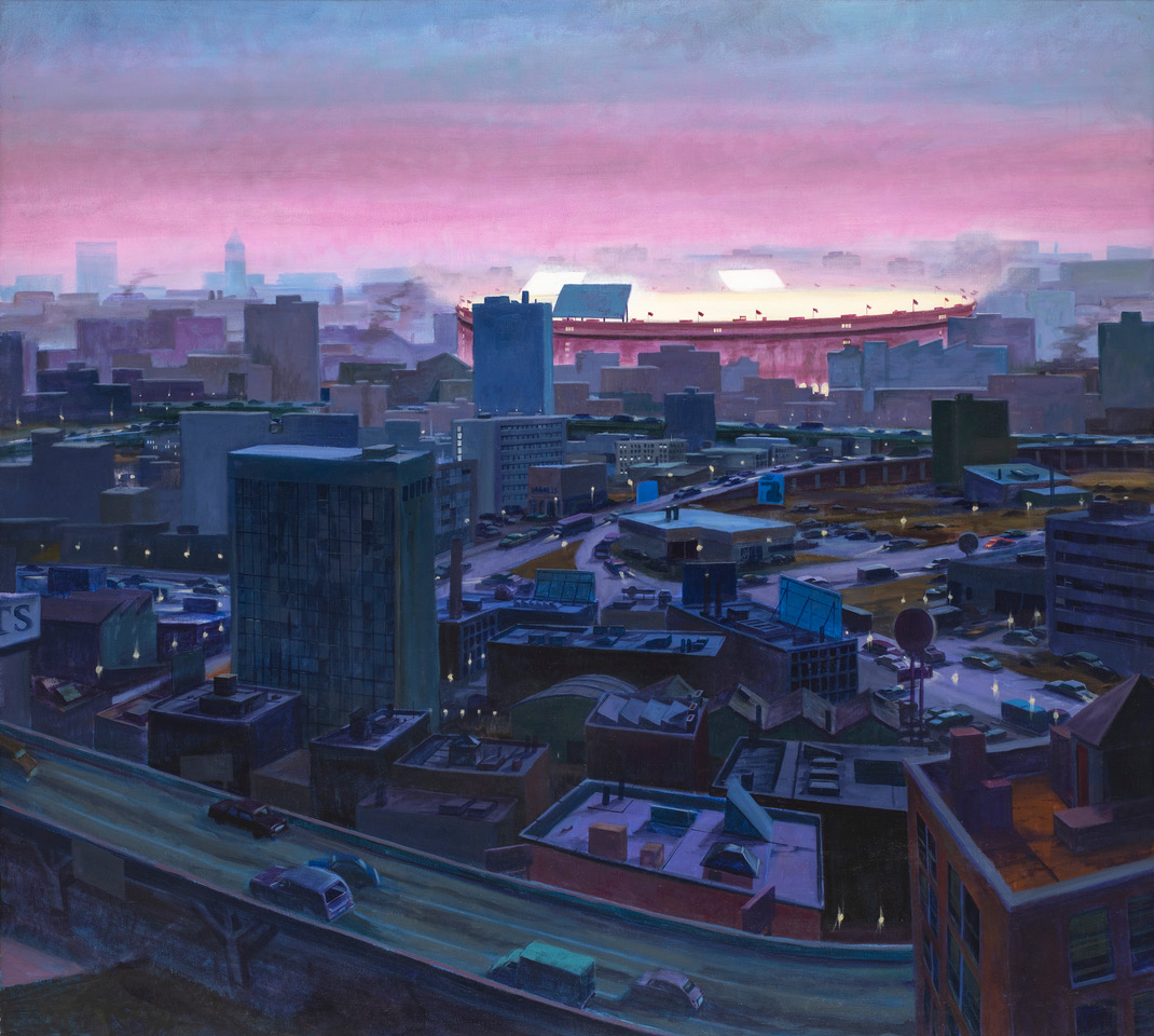 ROBERT BIRMELIN, 
The stadium alight blue city, acrylic on canvas,183 x 198 cm. Courtesy Galerie Claude Bernard