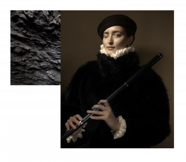 Anne-Sophie Emard, La flûtiste borgne, 2025, Tirages Cibachrome sous diasec, châssis affleurant chêne teinté ciré noir, Diptyque,  45cm x 30cm et 85cm x 70cm, Courtesy de l'artiste et Galerie Claire Gastaud