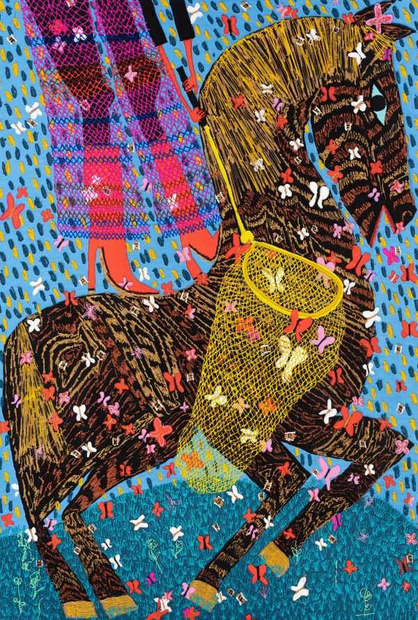 Summer Wheat, Catching Butterflies on Grass, 2025, acrylic paint and gouache on aluminum mesh 172.7 x 119.4 cm (68 x 47 in). Courtesy Zidoun-Bossuyt Gallery