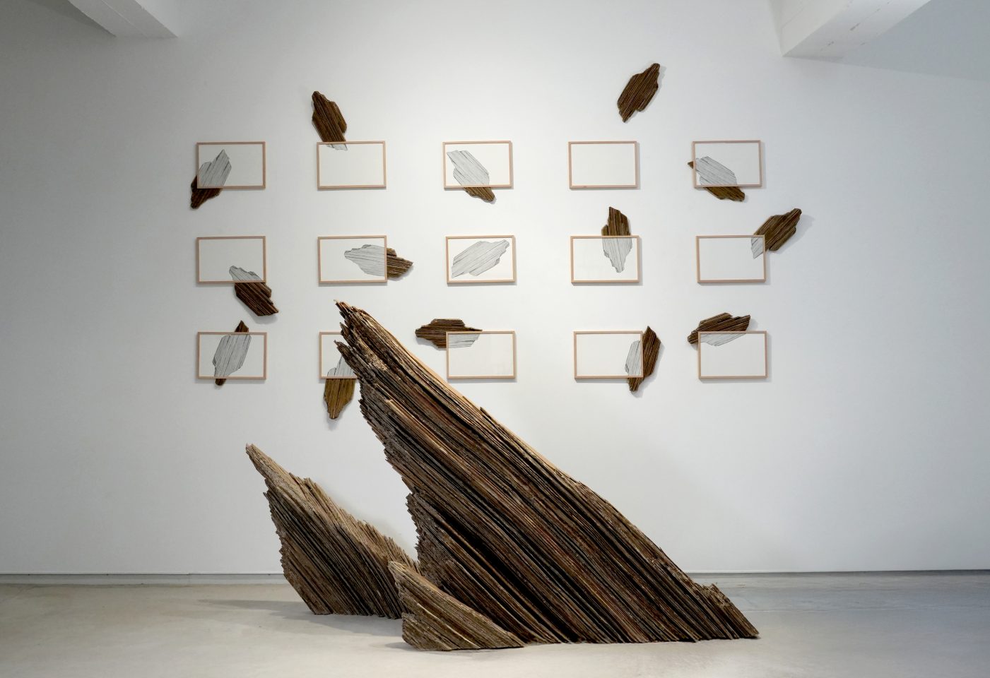 En premier plan :Cristina Almodóvar, AFFLEUREMENT ROCHEUX, 2024, Carton collé sur bois et vernis, 140 x 220 x 80 cm

En arrière plan : Cristina Almodóvar, MARCOS, Evasion, 2025, Encre sur papier encadré, carton encollé et vernis, 177 x 295 cm