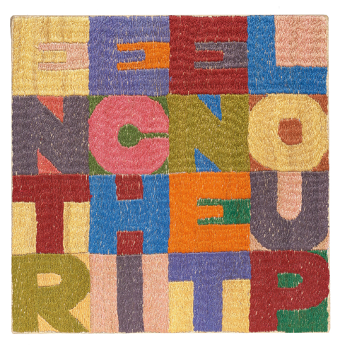 Alighiero Boetti, Entre chien et loup, 1988, Tapestry, Embroidery/fabric, 18 x 18 cm, Courtesy : Pron