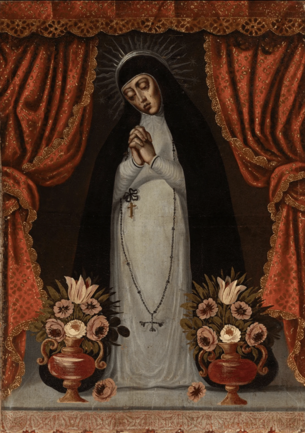 École espagnole du XVIIᵉ siècle, Virgin of solitude, signé au dos MB, Huile sur toile, 145 x 104 cm.
