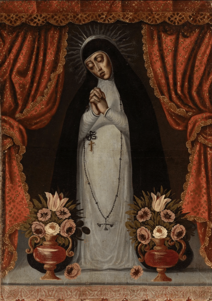 École espagnole du XVIIᵉ siècle, Virgin of solitude, signé au dos MB, Huile sur toile, 145 x 104 cm.
