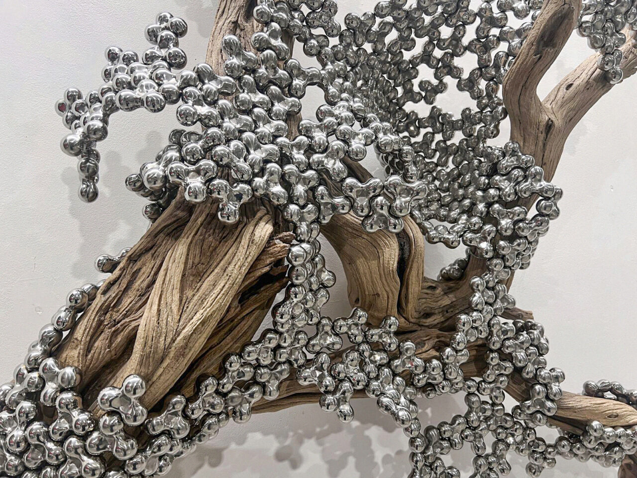 LORIS CECCHINI, ‘SEEDSYLLABLES (SHAPESHIFTING)’, (DETAIL), 2026 
SANDBLASTED GHOSTWOOD, STAINLESS STEEL MODULES, 135 X 145 X 40 CM 
PHOTO : STUDIO LORIS CECCHINI 

COURTESY OF LORIS CECCHINI & GALLERIA CONTINUA