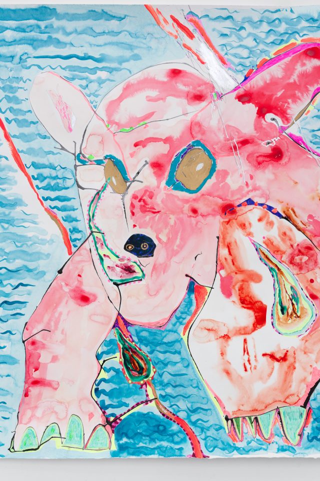 Crocodile Tears (détail), 2024, Bâtons à l'huile, encres, acryliques, crayons, aquarelle sur papier aquarelle Arches 300 g., 130 х 650 сm, Photo Pauline Assathiany