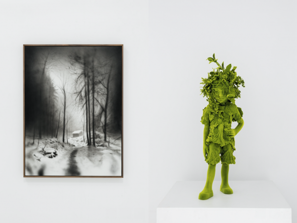 Hugo Alonso, April House, 2025, Acrylic on canvas, 134 x 101 cm. Photo Courtesy of Alzueta Gallery / Kim Simonsson, Mossboy with Sacred Costume, 2025, Ceramics, nylon fibre, epoxy resin, artificial plants, feathers and rope, 100 x 50 x 45 cm. Photo Courtesy of Alzueta Gallery