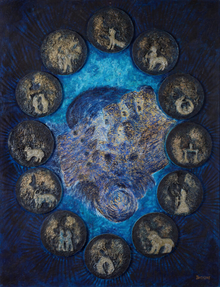 Maurice Baskine, Sans titre, circa 1955
huile et plâtre sur panneau, 116 x 89 cm, signé « Baskine » en bas à droite, contresigné
« Maurice Baskine » au dos. Provenance collection Arturo Schwarz.
Œuvre prêtée pour l’exposition du centenaire Surréalisme au Centre Pompidou, septembre 2024